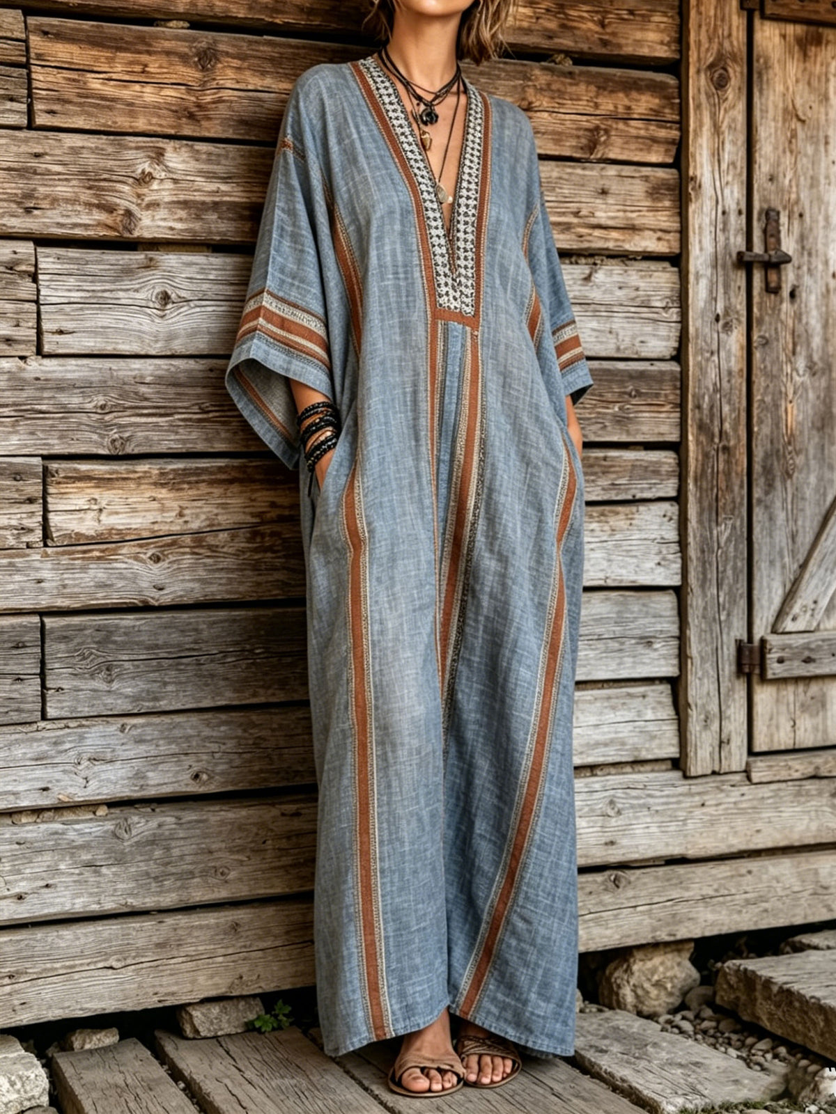 Women's Vertical Stripe V Neck Cap Sleeve Linen Maxi Kaftan Dress with Pockets