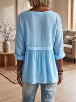 Women's Casual Loose Solid-color Long-sleeve Button-front Pullover Shirt