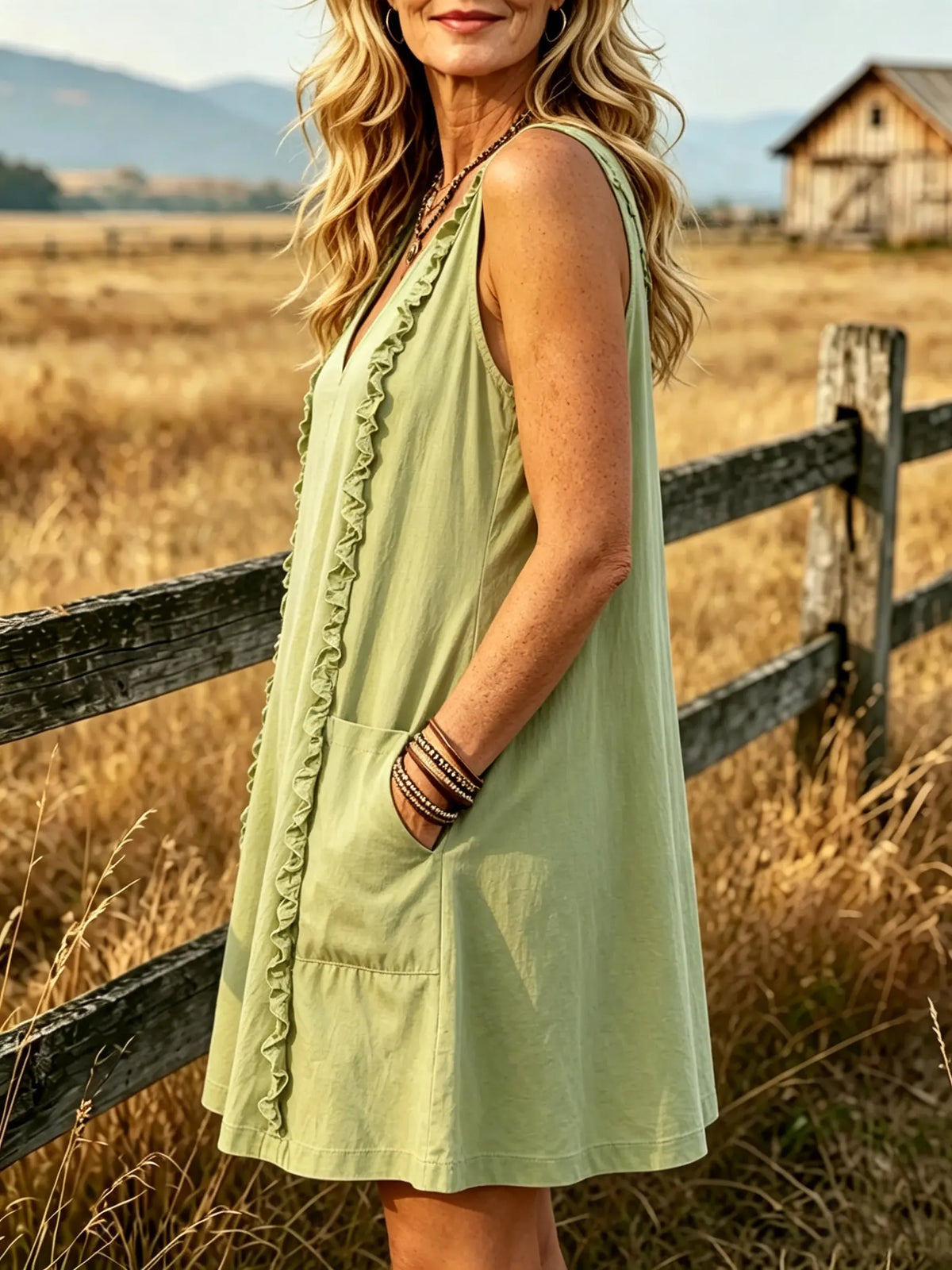 Women's Solid V-Neck Side Ruffle Pocket Sleeveless Mini Dress