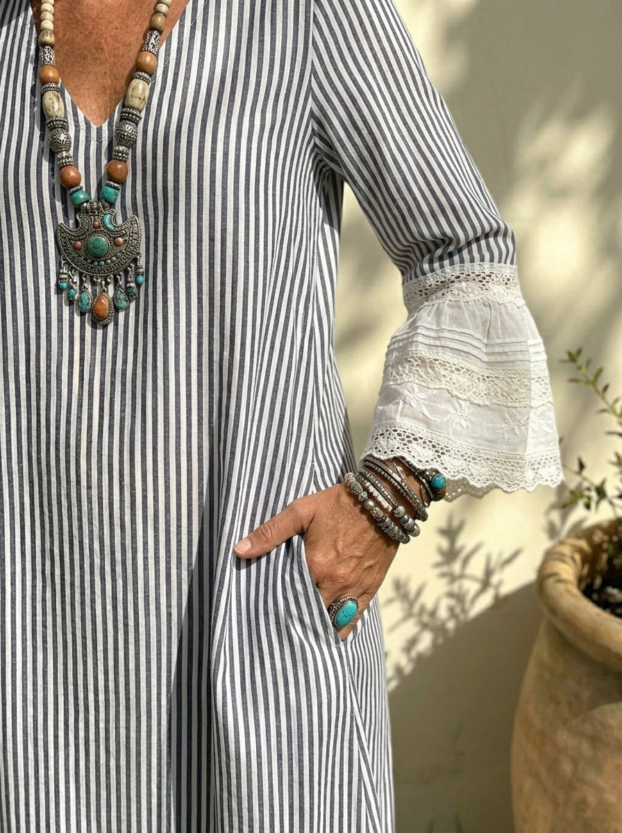 Women's Striped Lace Ruffle Hem Cotton Linen Maxi Dress