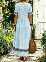 Women Solid Ethnic Embroidery Button Down Short Sleeve Shirt Dress