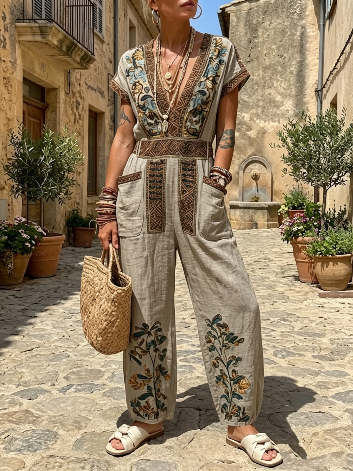 Retro Floral V Neck Short Sleeve Linen Pocket Jumpsuit