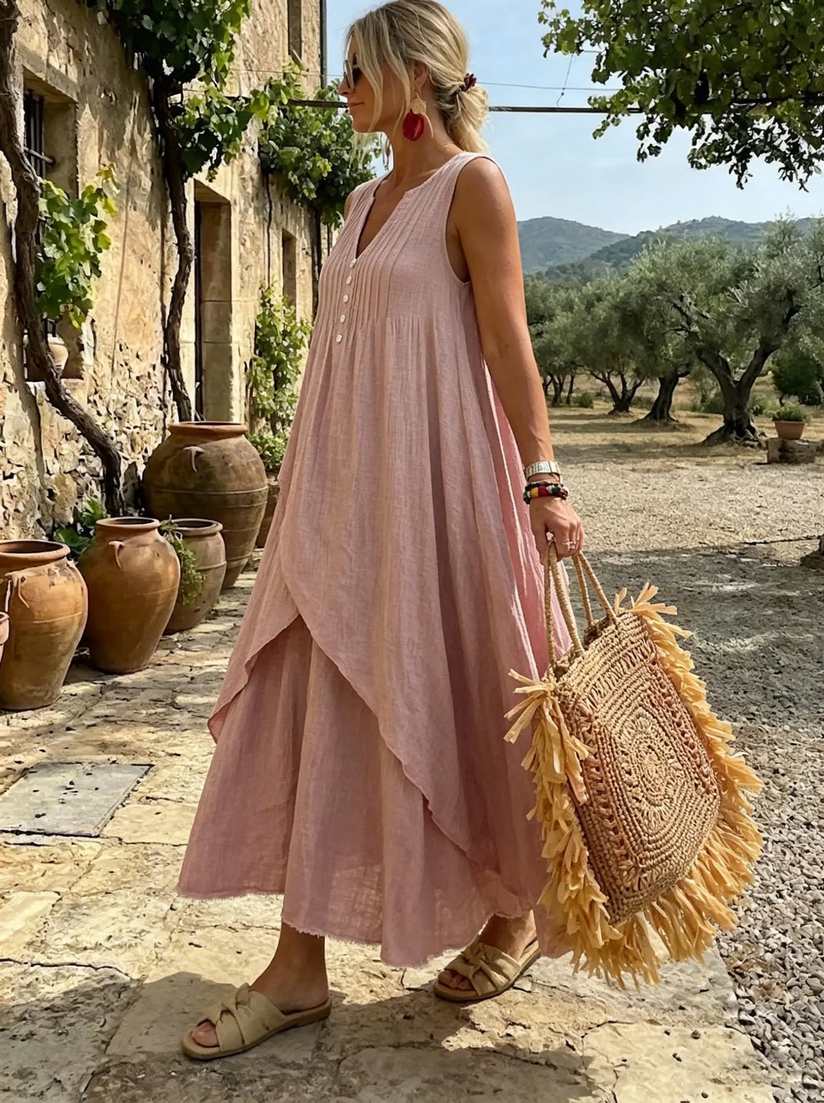 Dusty Rose Asymmetrical Linen Maxi Dress
