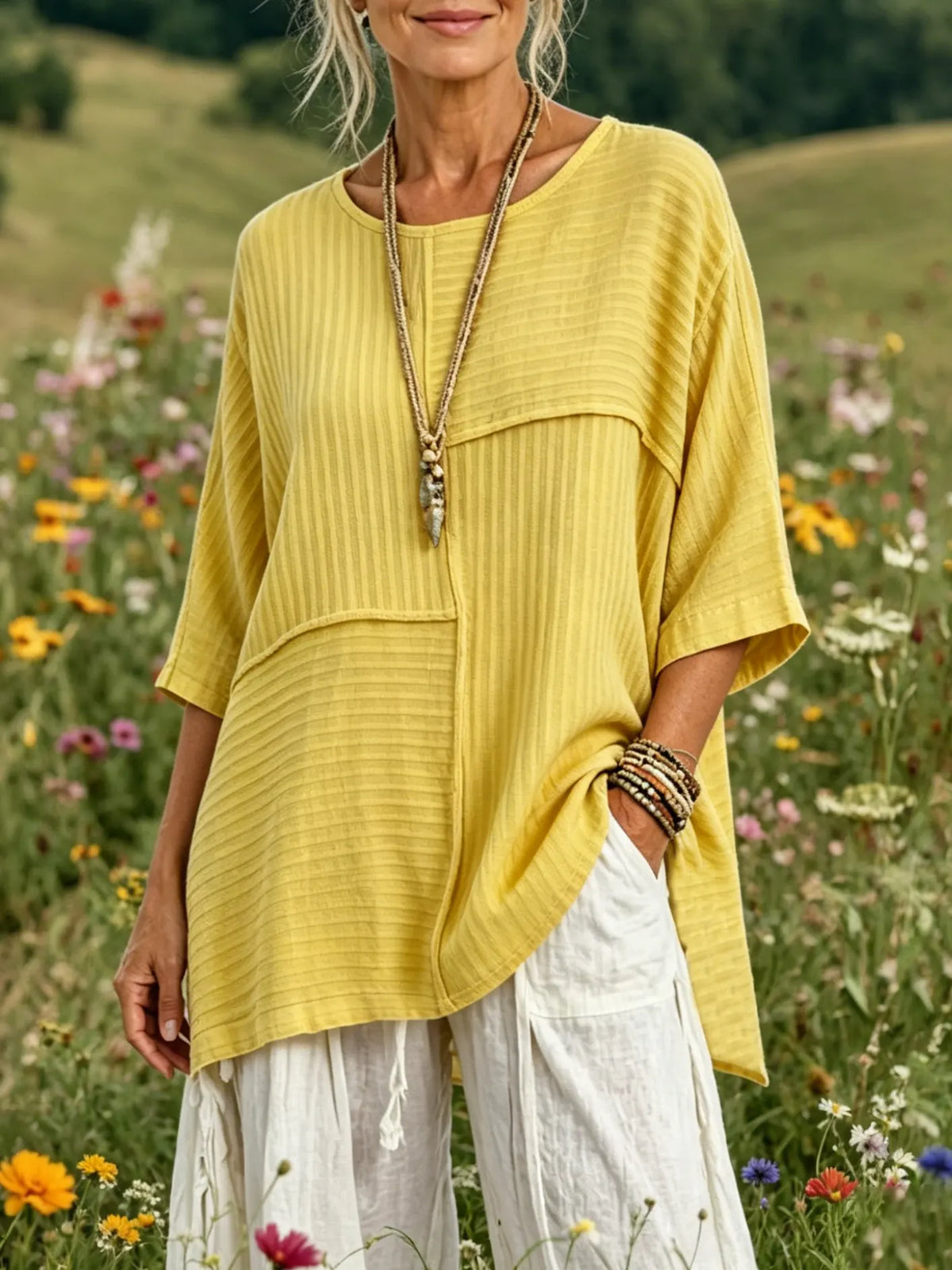 Women's Solid Vertical Stripe Patchwork Round Neck 3/4 Sleeve Oversized Linen Blouse