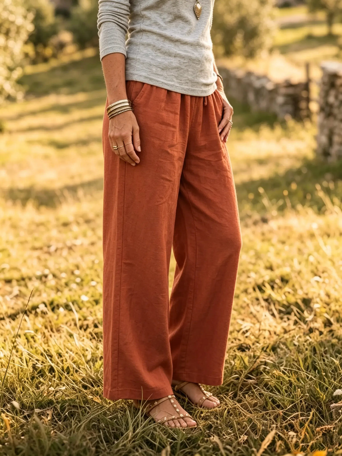 Women's Solid Linen-Blend Drawstring Waist Wide Leg Pants