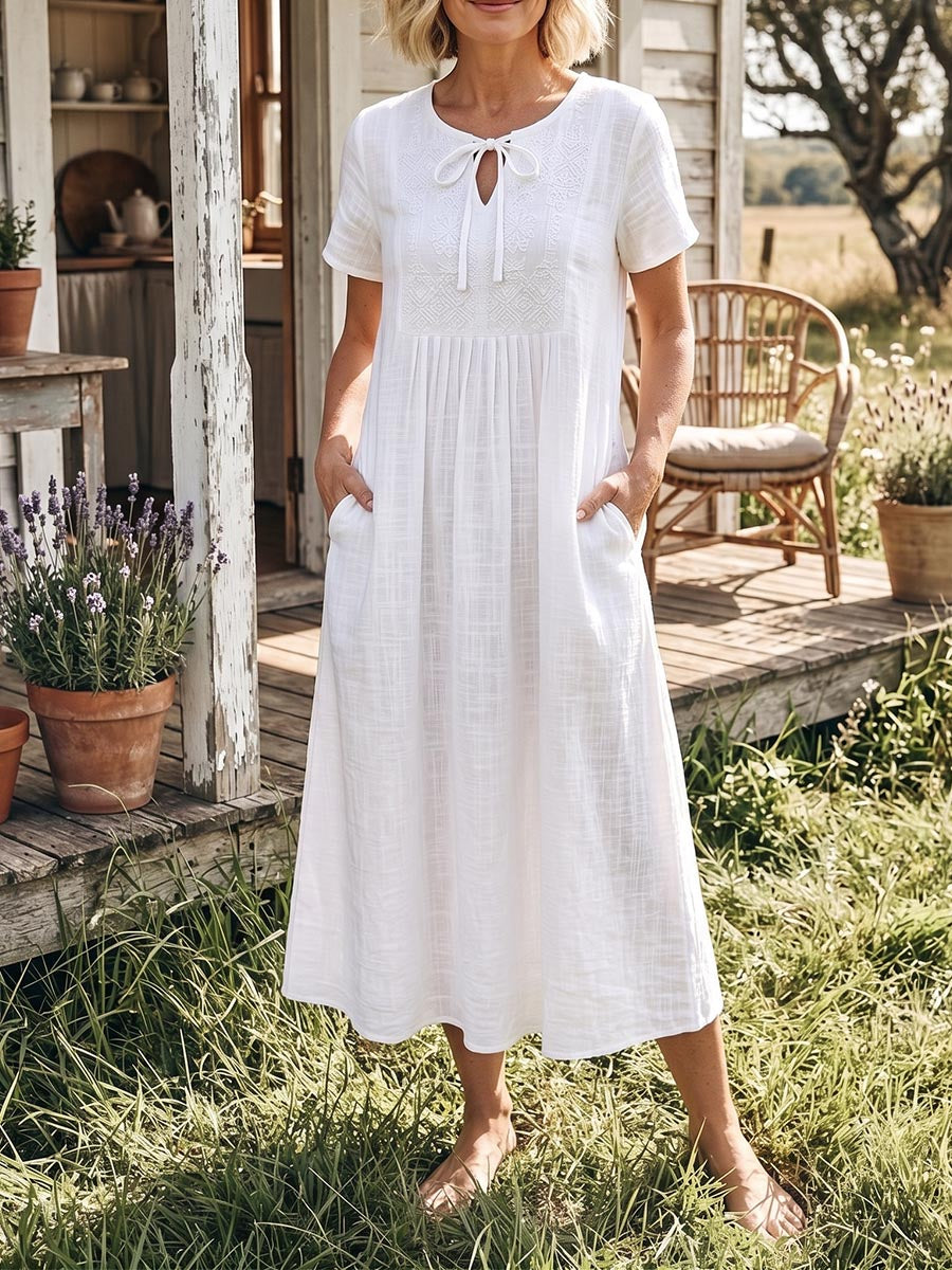 Vintage Art Comfortable Summer Fabrics Cotton And Linen Patchwork Embroidery Dress