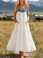 Women'sDenim V Neck Sleeveless Button Down Tiered White Maxi Dress With Pockets