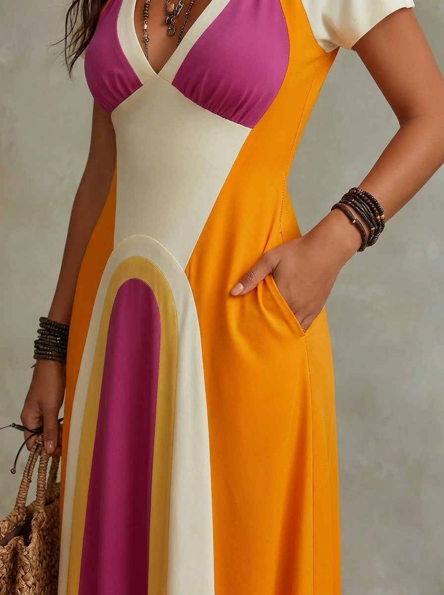 Women's Color Block V-neck Short Sleeve Stretchy Maxi Dress With Pockets