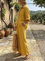 Women's Yellow Button-Down Shirt and Pants Set