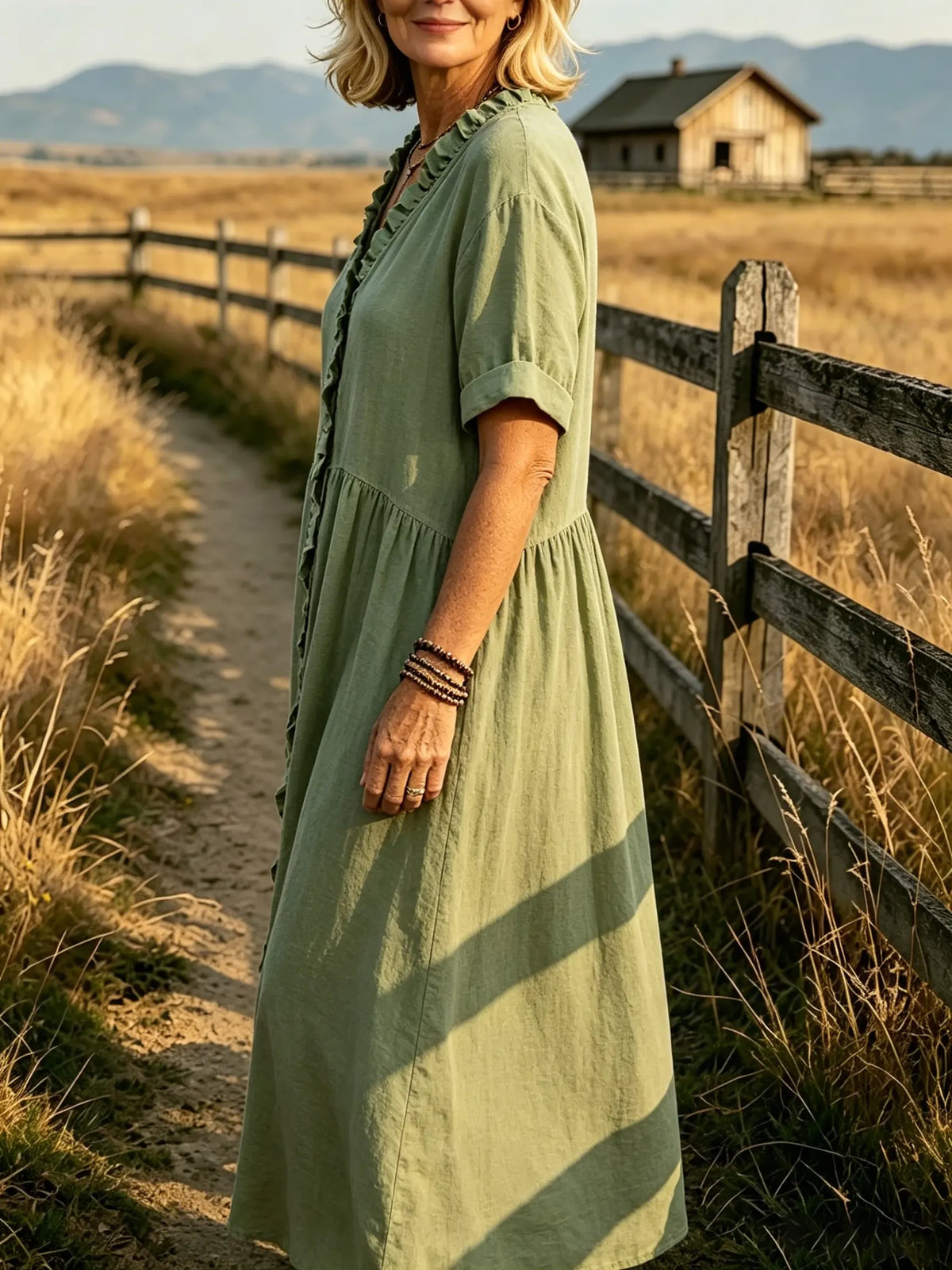 Women's Solid Ruffle Front V-Neck Cuff Short Sleeve Loose Linen Maxi Dress