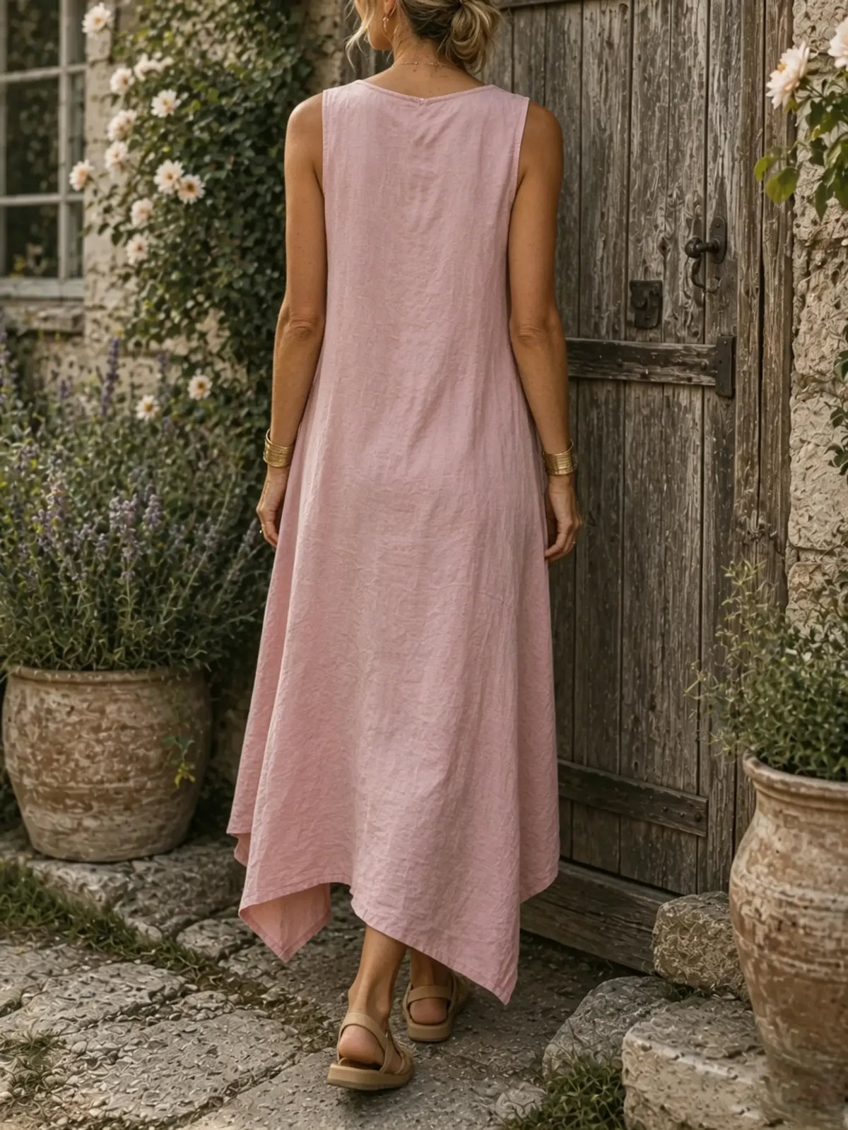 Women's Solid Textured Side Twist Irregular Slit Sleeveless Maxi Dress
