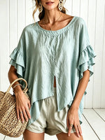 Women Solid Ruffle Batwing Sleeve Loose Blouse