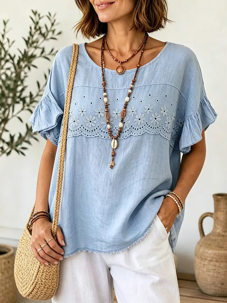 Women Daisy Eyelet Embroidery Ruffle Short Sleeve Babydoll Top