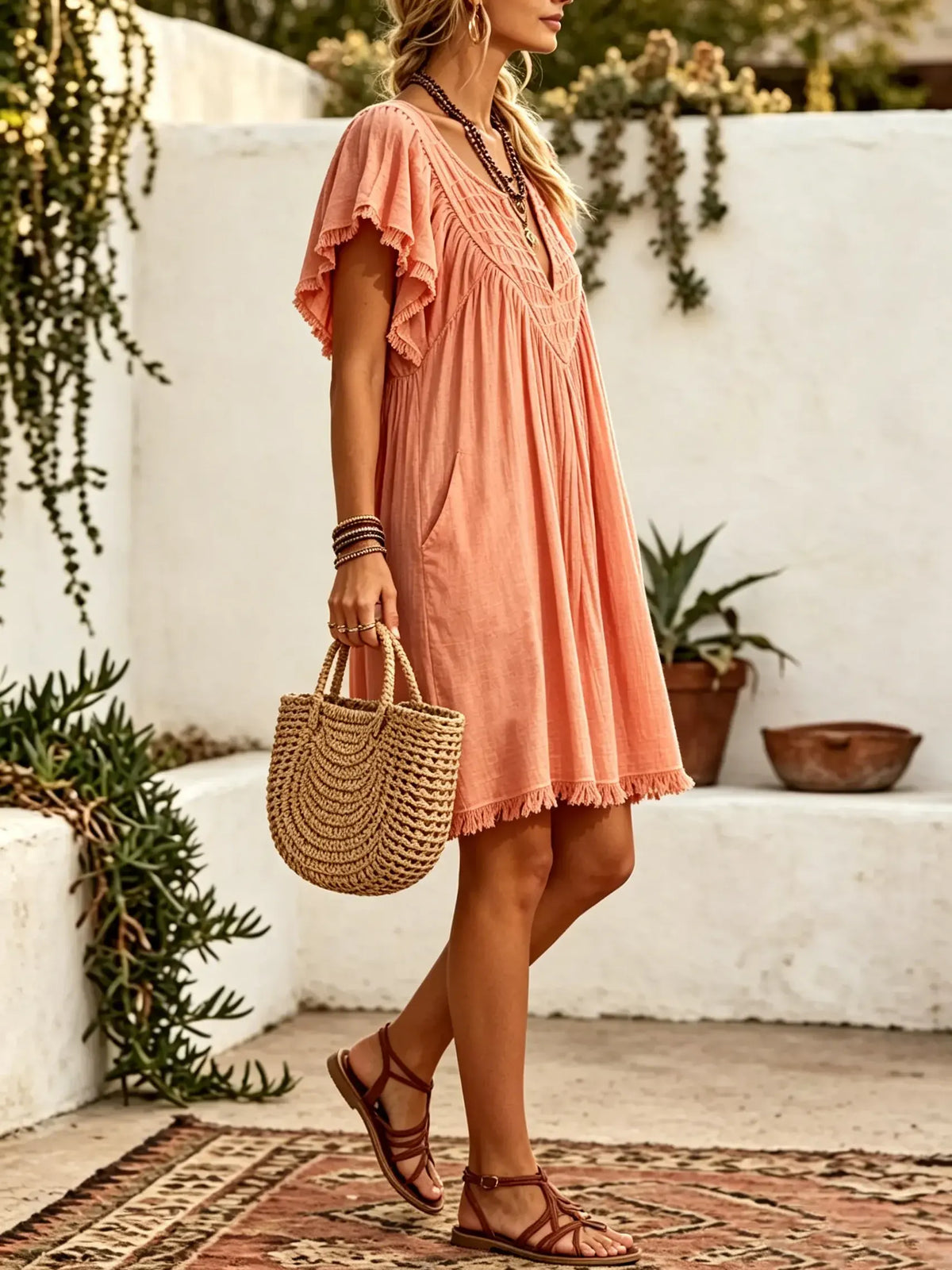 Women Solid Textured V Neck Flutter Sleeve Fringe Hem Mini Vacation Dress