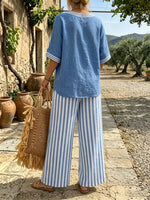 Women's V-Neck Top and Striped Pants Set