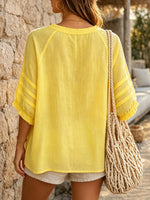 Women's Solid Ruffle Tassel Tie V-Neck Puff 3/4 Sleeve Casual Blouse