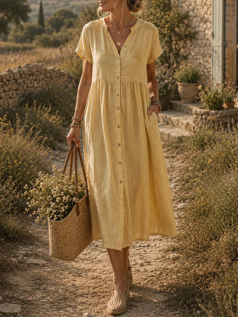 Women's Solid Textured Notched Neck Half Button Short Sleeve Pocket Midi Dress