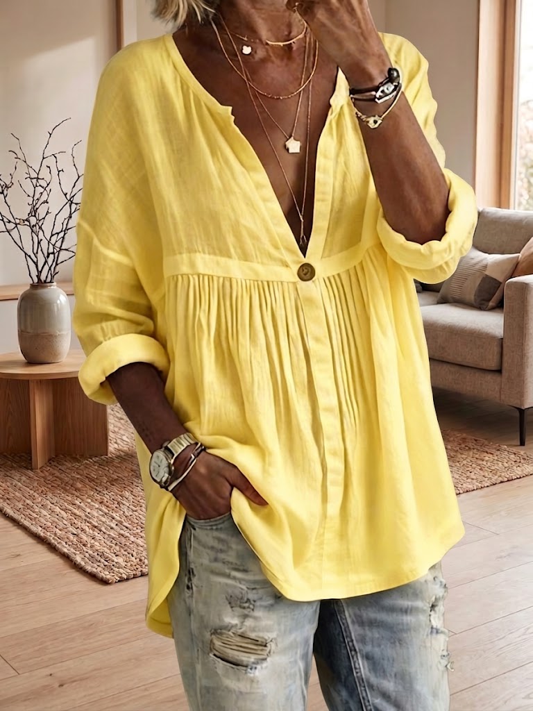Women's Casual Loose Solid-color Long-sleeve Button-front Pullover Shirt