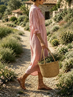Women's Solid Textured Collar Button Front Gathered 3/4 Sleeve Linen Midi Dress
