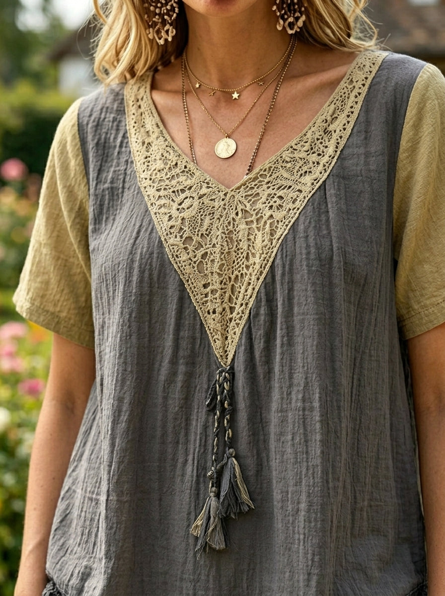 Women’s Color Block Crochet Lace V Neck Tassel Short Sleeve Boho Blouse