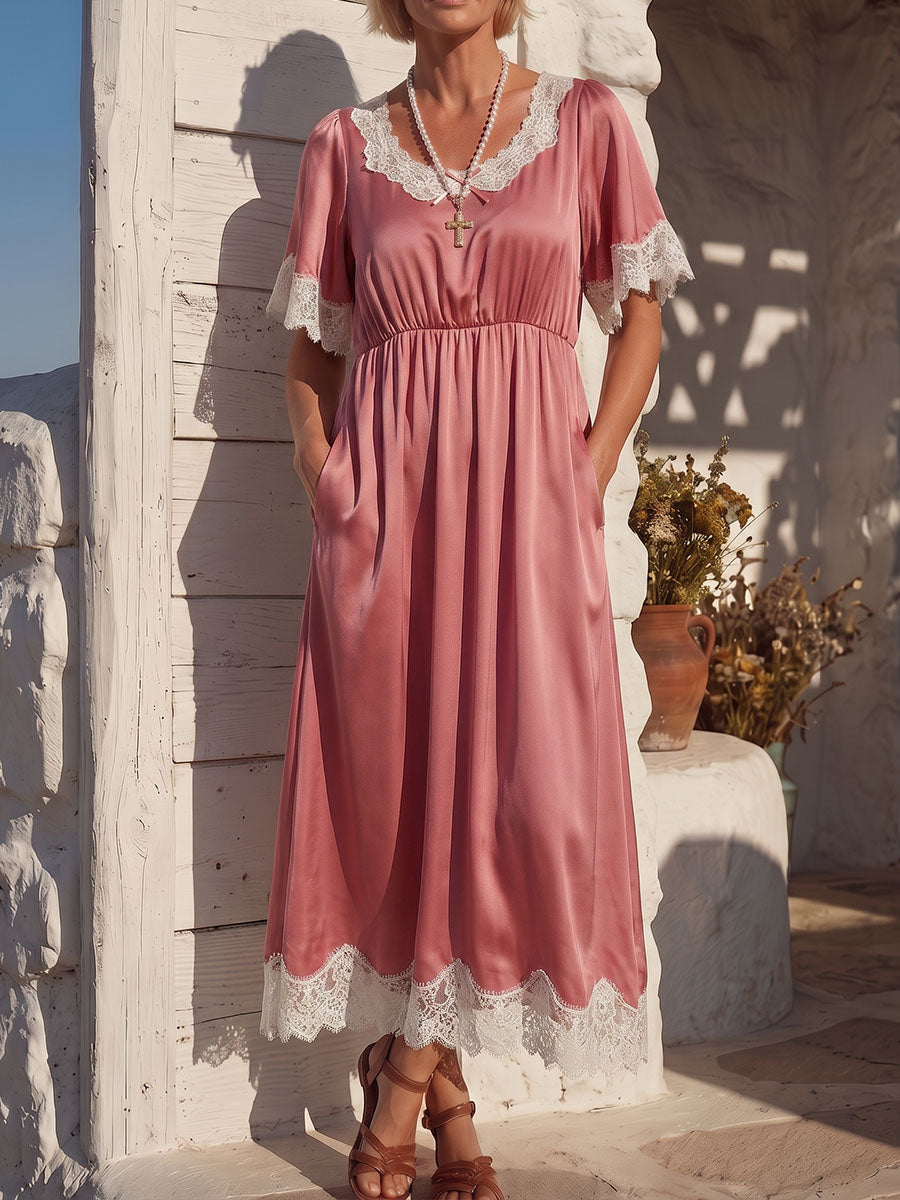 Vintage Art Comfortable Summer Fabrics Satin Patchwork Lace Dress