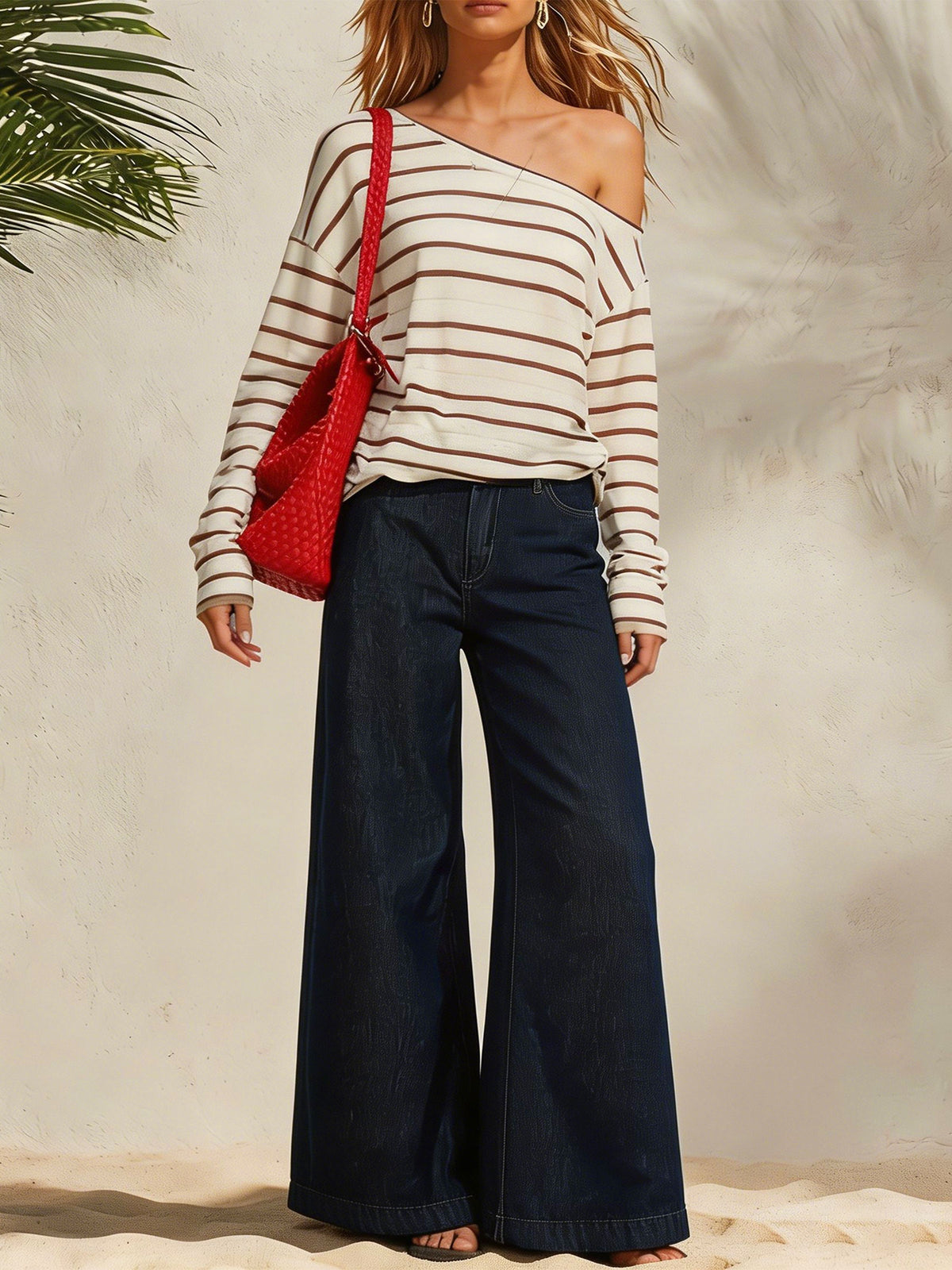 Womens High Waist Dark Wash Wide Leg Full Length Denim Jeans