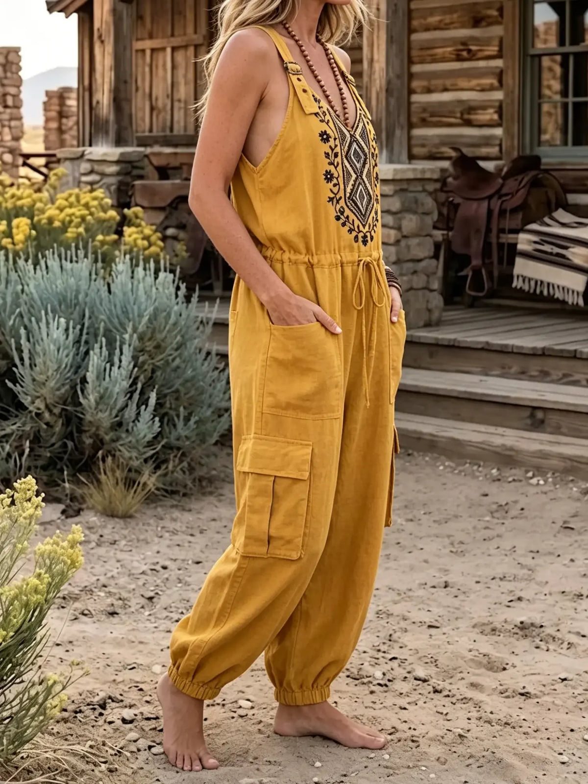 Geometric Print Cargo Pocket Drawstring Jumpsuit