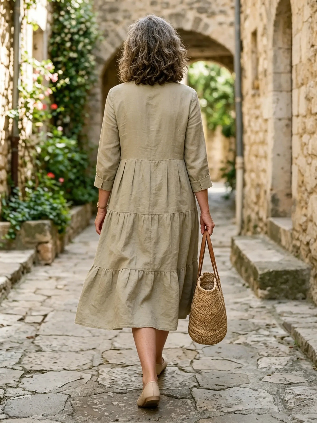 Women's Solid Mandarin Collar Half Placket 3/4 Sleeve Tiered Linen Midi Dress