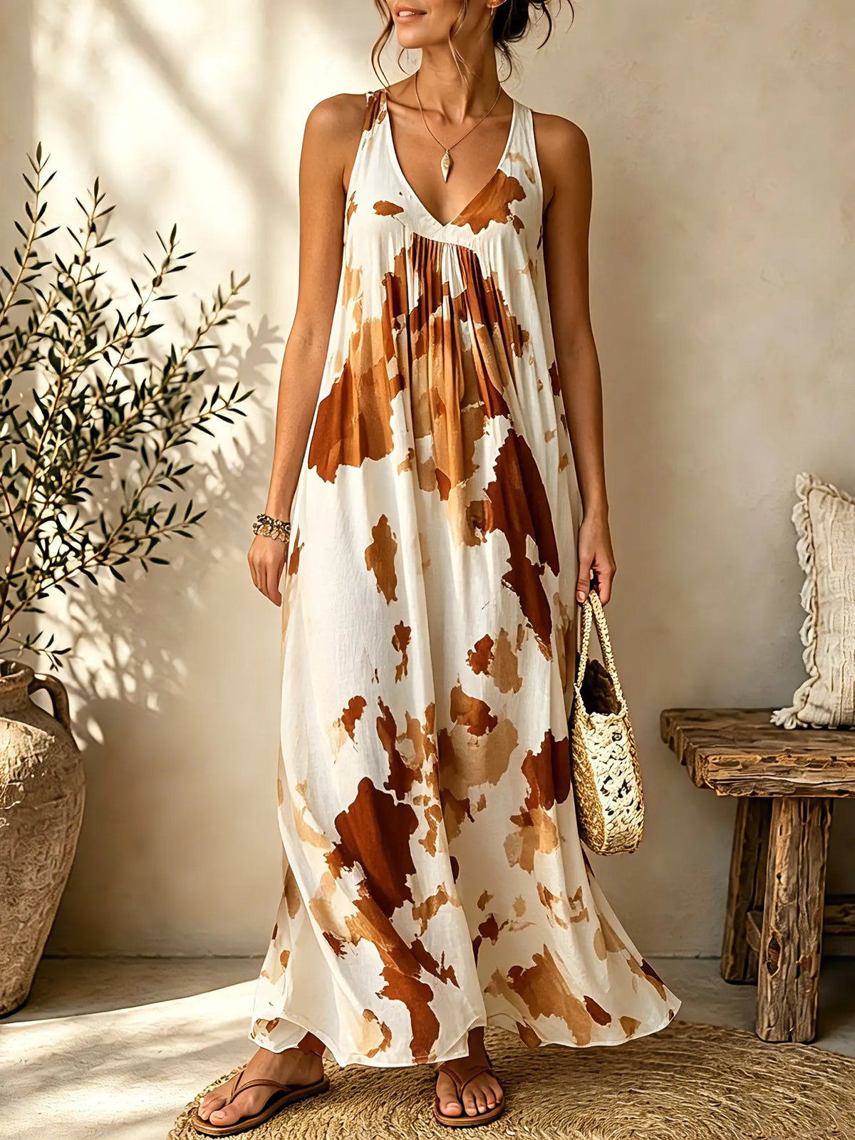 Women Ink Wash Tie Dye V-Neck Sleeveless Flowy Maxi Dress