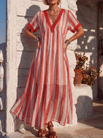 Vintage Art Comfortable Summer Fabrics Cotton Linen Contrasting Stripes Dress
