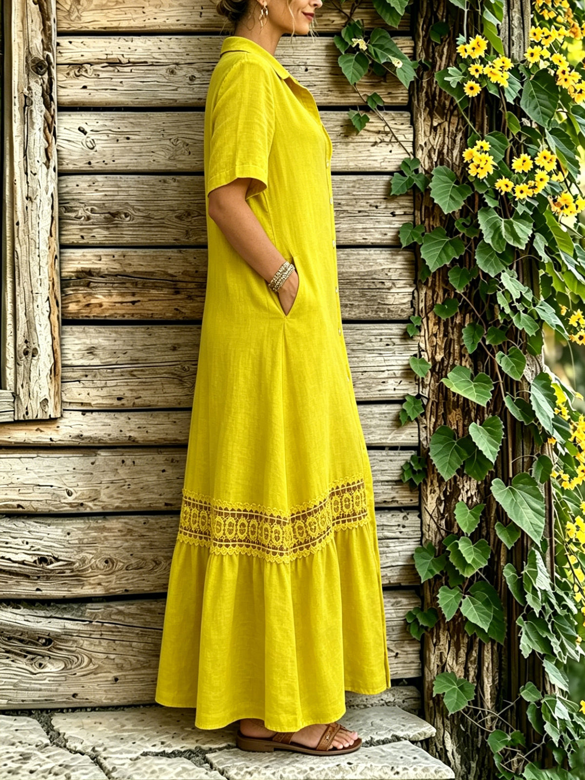 Women’s Casual Cotton Short Sleeve Ruffled Hem Bottom Down Pocket Maxi Dress