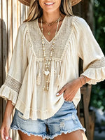 Women Solid Crochet Lace Tassel V-Neck Loose Babydoll Top