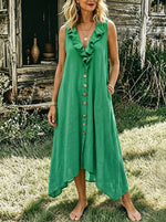 Women's Boho Ruffle V-Neck Sleeveless Maxi Dress – Button Front Asymmetrical Hem Linen Blend Dress with Pockets