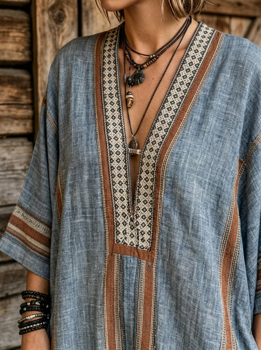 Women's Vertical Stripe V Neck Cap Sleeve Linen Maxi Kaftan Dress with Pockets