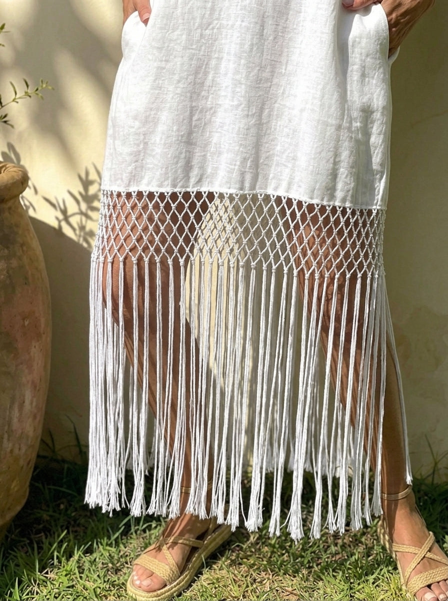 Women’s V Neck Fringe Hem Cotton Linen Cover Up Dress With Pockets