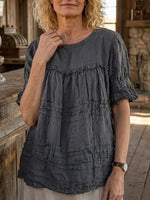 Women's Solid Raw Edge Tiered Ruffle Short Sleeve Linen Blouse