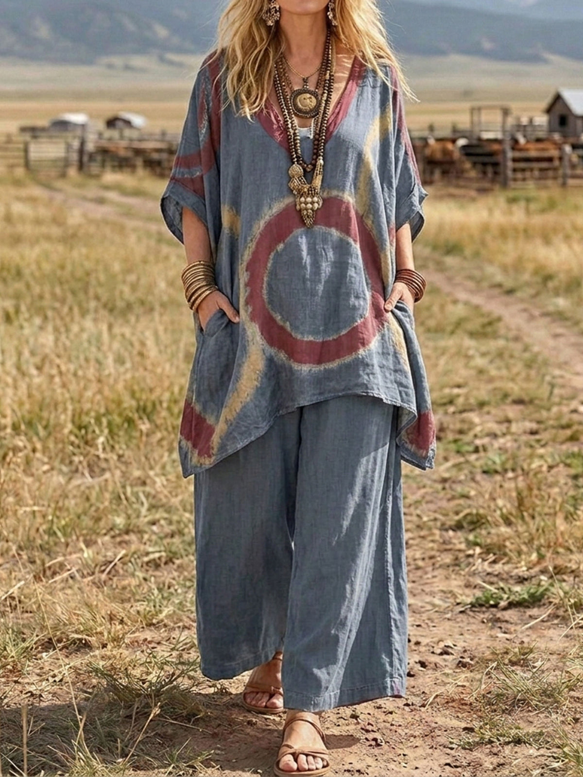 Womens Gradient Blue Cold Shoulder 2 Piece Cotton Linen Outfit Top & Wide Leg Pants Set