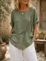 Women Solid Crochet Patch Roll Sleeve Linen Top