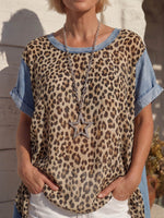 Vintage Art Comfortable Summer Fabrics Leopard Chiffon Patchwork Denim Shirt