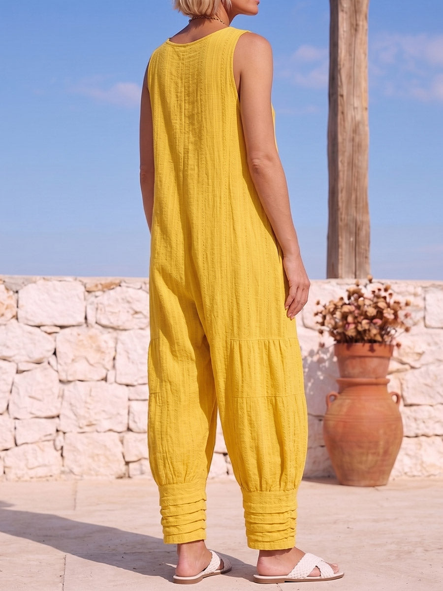 Vintage Art Comfortable Summer Fabrics Sleeveless Patchwork Soft Denim Jumpsuit