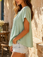 Women's Solid Front Pleated Half Button Loose Short Sleeve Babydoll Top
