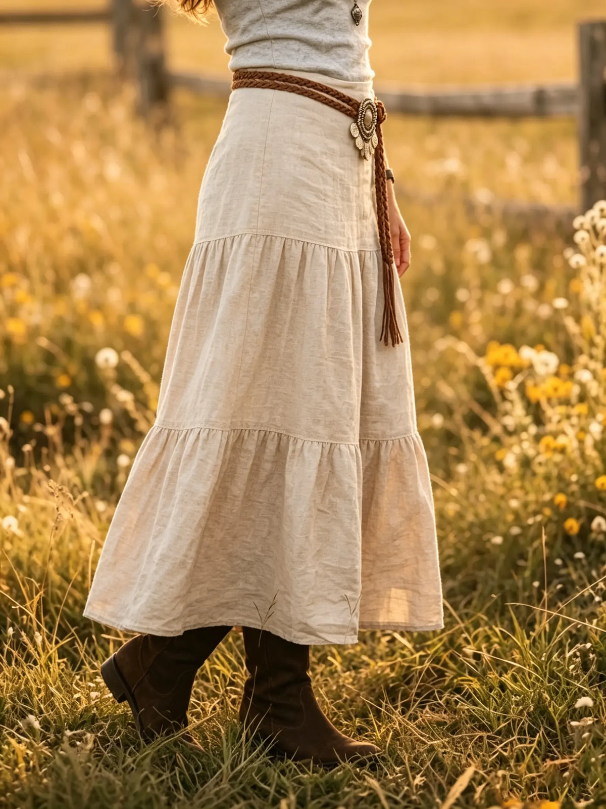 Women's Solid Tiered Linen-Blend Flared Maxi Skirt