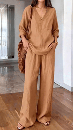 Women's Casual Long-sleeve V-neck Pullover & Pants Set – Washed Cotton (available In Multiple Colors)