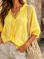 Women's Solid Ruffle Tassel Tie V-Neck Puff 3/4 Sleeve Casual Blouse