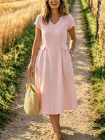 Women’s Casual Cotton Short Sleeve V-neck Pocket Maxi Dress