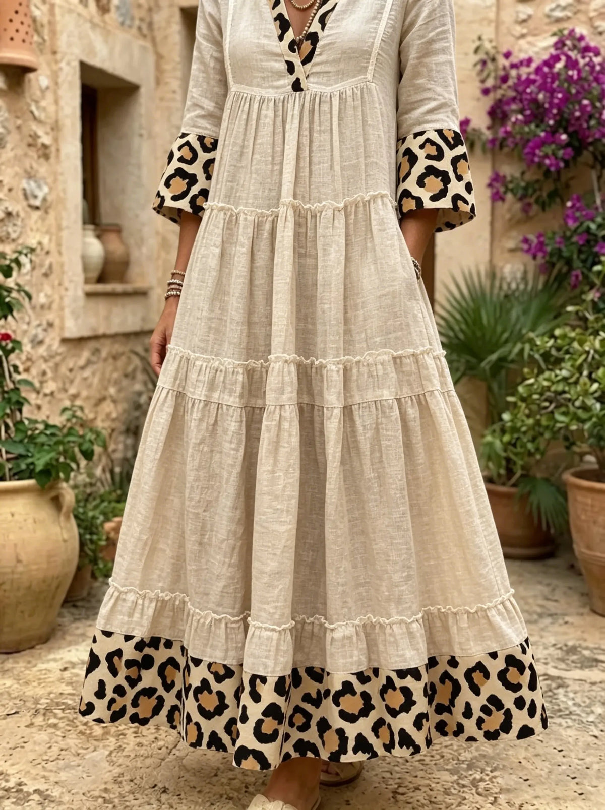 Wild Prairie Leopard-Trim Tiered Maxi Dress