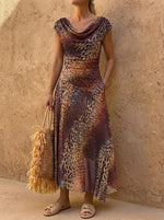 Women's Cowl Neck Leopard Midi Dress