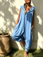 Womens Hooded Sleeveless Cotton Linen Harem Jumpsuit With Pockets