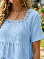 Women’s Square Neck Lace Tiered Short Sleeve Boho Blouse
