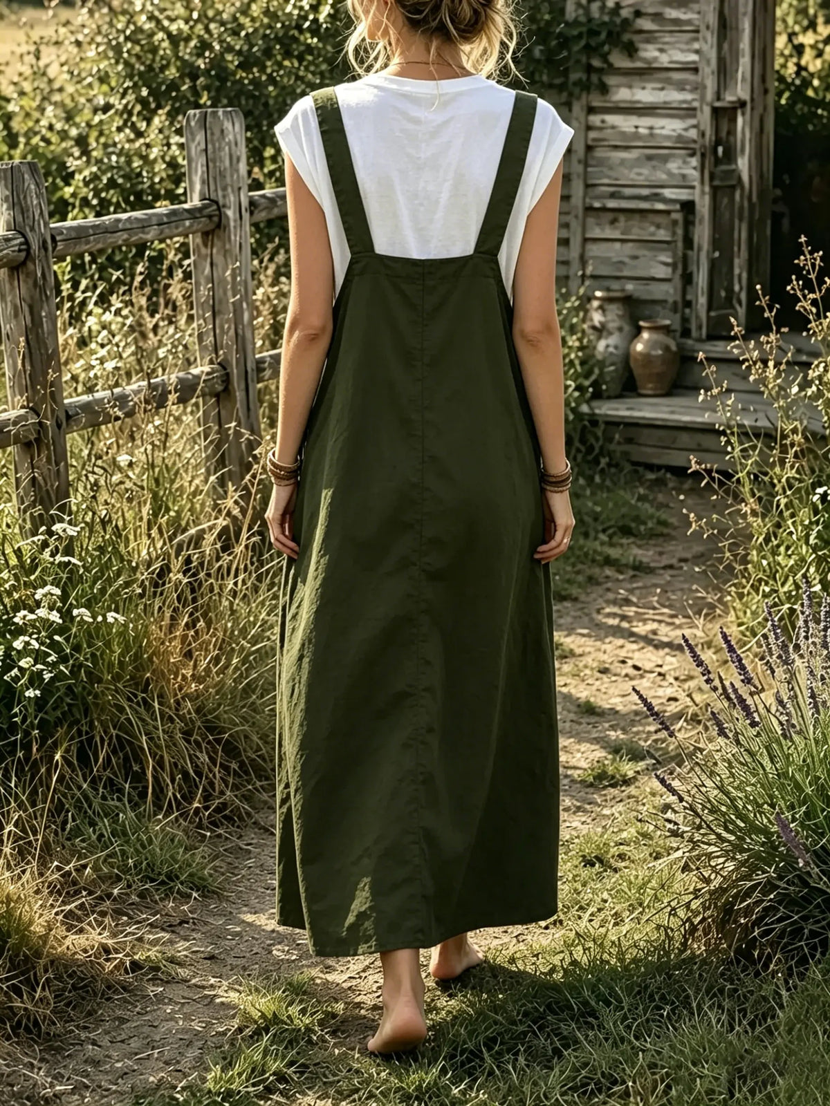 Women's Solid Textured Cargo Pocket Pinafore Maxi Dress